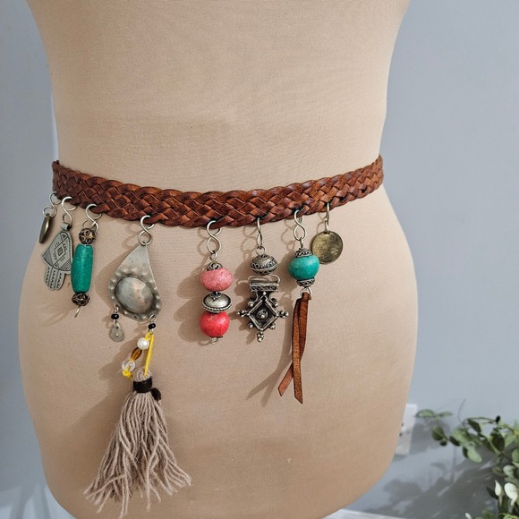 Boho Braided Leather Belt with‎ Charms Tassel Coin Turquoise Beads main image 7